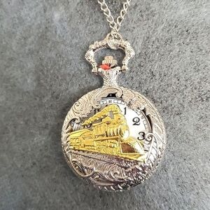 Golden Train Cutout Pocket Watch Gold Plated Stainless Steel